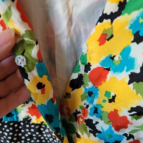 1980s floral silk cocktail dress puff shoulders dress with contrast skirt - Picture 14 of 16